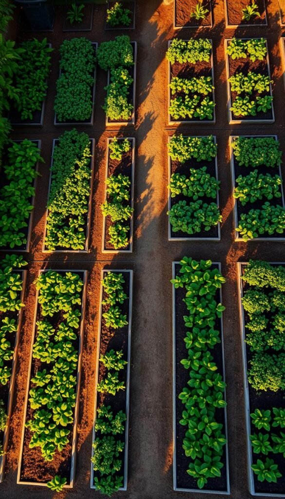 Detailed aerial view of a lush, well-organized garden bed layout, with rows of healthy vegetables and herbs in a backyard setting. The beds are neatly arranged in a symmetrical grid pattern, with clearly defined paths between them. Warm, afternoon sunlight casts long shadows, highlighting the texture of the soil and the vibrant foliage. The scene conveys a sense of productivity, order, and a connection to the natural world. The camera angle is slightly elevated, providing an overview of the entire layout, allowing for easy visualization of the planting system and crop rotation potential.