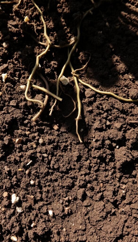 Detailed cross-section of nutrient-rich, loamy no-till winter garden soil. Intricate network of intertwined roots, mycorrhizal fungi, and decomposing organic matter creating a lush, dark brown textured profile. Soft, aerated topsoil giving way to a deeper layer of rich, crumbly subsoil. Dappled natural lighting from above casts subtle shadows, accentuating the soil's layered structure. Camera positioned at a slight angle to capture the depth and complexity of the no-till ecosystem. Convey the vitality and resilience of a thriving, minimally disturbed winter garden bed.