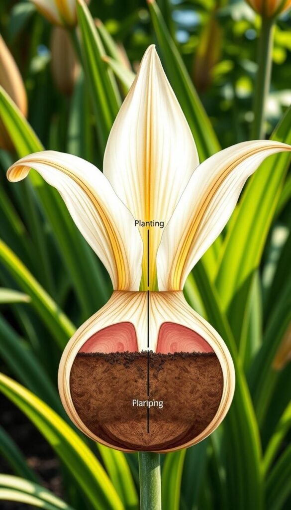 Detailed lily bulb planting depth diagram in realistic botanical illustration style. Foreground shows cross-section of lily bulb with labeled planting depth and soil layer. Middle ground has lush green leaves and stems. Background has soft, natural lighting, blurred foliage. Composition is balanced and symmetrical, highlighting the technical planting information. Colors are vibrant yet natural, with earthy tones. Rendered with high photorealism, accurate botanical details, and a sense of educational purpose.