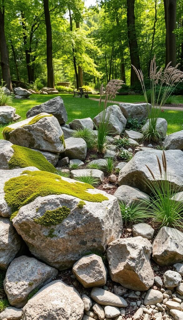Detailed rock garden design elements in a naturalistic composition, showcasing an arrangement of weathered stones, lush greenery, and textural accents. Foreground features a cluster of varied-sized boulders, some partially covered in moss, creating a rugged, tactile landscape. Midground includes a mix of low-growing plants like succulents, ferns, and ornamental grasses, adding layers of color and depth. Background depicts a tranquil woodland setting with dappled sunlight filtering through the trees, conveying a sense of peaceful serenity. Lighting is natural and soft, highlighting the interplay of light and shadow across the scene. Captured with a wide-angle lens to emphasize the depth and scale of the rock garden design.
