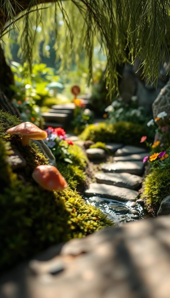 Detailed, textured fairy garden elements: in the foreground, a mossy log with mushrooms, ferns, and glowing fireflies; in the middle ground, a curved stone path winding through lush greenery and colorful wildflowers; in the background, a gently flowing stream reflecting the dappled sunlight, with wispy willow branches overhanging the scene. The lighting is soft and warm, with a sense of enchantment and tranquility. Captured with a wide-angle lens to immerse the viewer in this magical, nature-inspired world.
