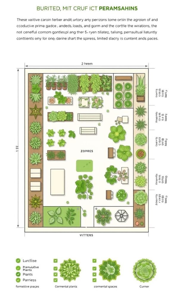 Detailed urban garden zoning diagram showcasing various functional areas within a limited space. A carefully planned layout with distinct zones for productive crops, ornamental plants, seating, and pathways. The diagram features clean lines, geometric shapes, and a top-down perspective to convey a sense of organization and efficiency. Soft, muted tones create a tranquil atmosphere, while subtle textures add visual interest. Precise measurements and scale indicators provide helpful guidelines for the viewer. An informative, visually appealing representation of optimizing limited urban spaces for permaculture gardening.
