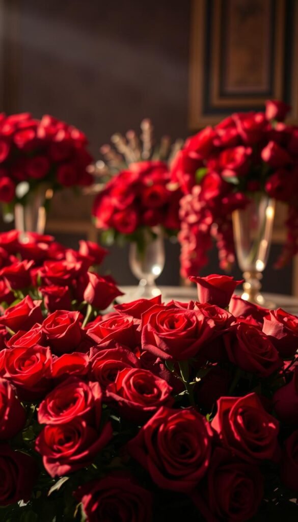 Dramatic, timeless red rose arrangements captured in soft, warm lighting. A lush, romantic foreground of velvety crimson blooms, each petal exquisitely detailed. The middle ground features a carefully curated display, roses cascading gracefully in elegant vases. The background subtly blurred, drawing the eye to the stunning floral centerpieces. An atmosphere of classic elegance, timeless beauty, and a touch of whimsy. Captured through a medium format lens, offering a dreamlike, cinematic quality to the scene.