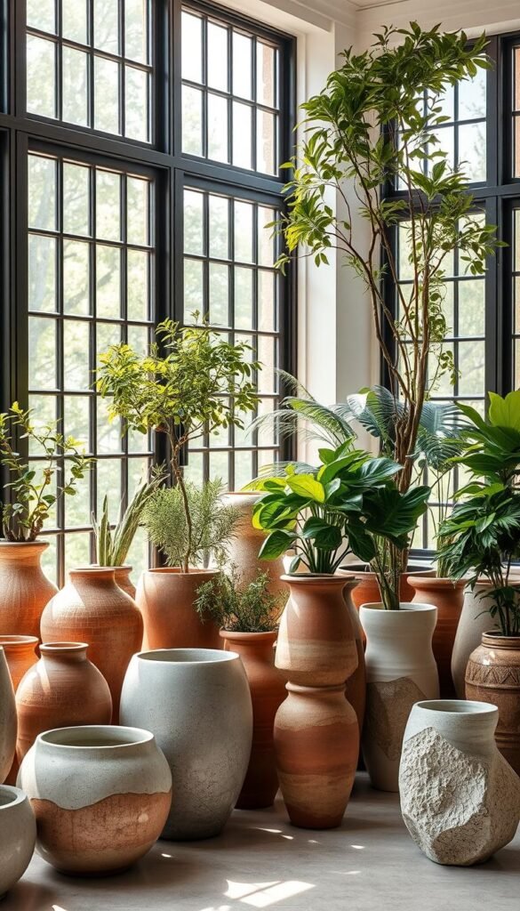 Elegant and unique planters in a harmonious indoor garden setting. A variety of sculptural ceramic, terracotta, and stone vessels in organic shapes and textures arranged as focal points. Dappled natural light filters through large windows, casting a warm, cozy glow. Lush, verdant foliage spills gracefully from the planters, creating a sense of tranquility. The composition emphasizes balance, rhythm, and careful curation to draw the eye and complement the space. A clean, minimalist backdrop allows the planters to shine as the primary visual interest.