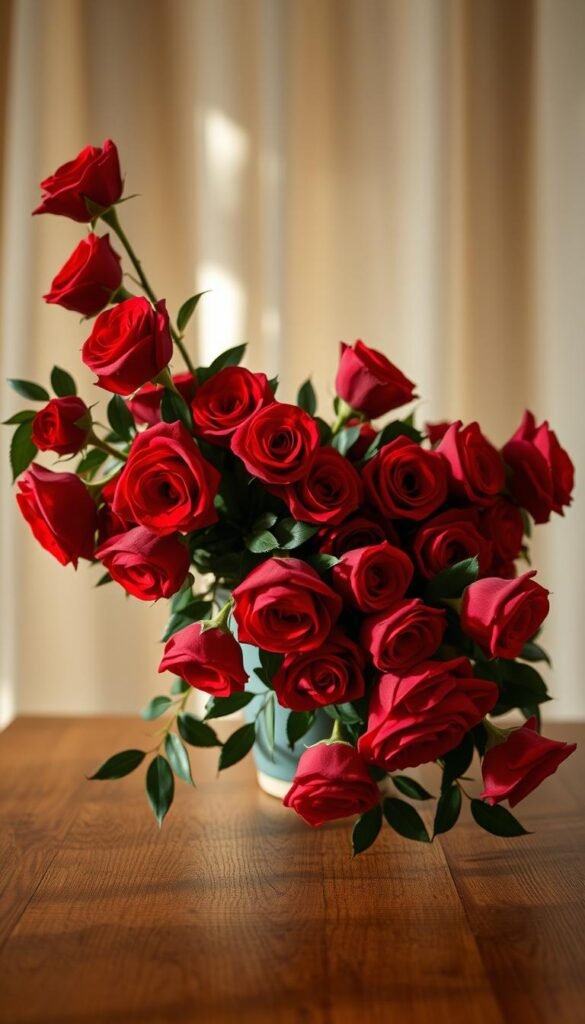 Elegant floral arrangement featuring lush red roses cascading over a wooden table. The roses are set against a backdrop of soft, diffused lighting, creating a warm and inviting atmosphere. The arrangement is carefully curated, with the flowers expertly positioned to create a sense of natural, organic flow. The overall composition exudes a sense of refined sophistication and drama, perfectly complementing the "Red Rose Garden Aesthetic" theme. The lighting is subtle and directional, highlighting the rich, velvety petals and casting delicate shadows. The perspective is slightly elevated, giving the viewer an intimate, up-close view of the captivating floral display.
