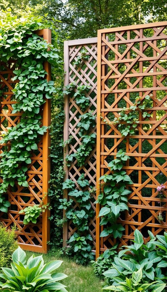 Elegant panel trellis designs in a lush, verdant garden setting. Intricately woven wooden or metal lattices in a variety of intricate geometric patterns, supporting a bountiful array of climbing vines and foliage. Soft, diffused natural lighting filters through the intricate latticework, casting delicate shadows across the scene. The trellises stand as sculptural focal points, adding vertical interest and visual depth to the carefully curated garden composition. A sense of tranquility and harmony pervades the image, highlighting the versatility of these panel trellis structures for supporting thriving vertical gardens.