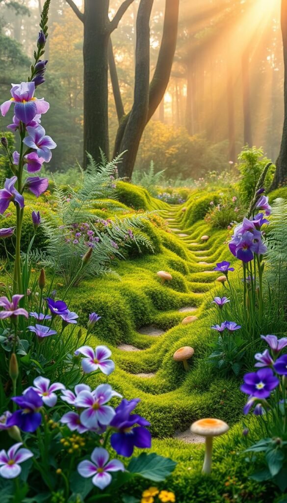 Enchanting fairy garden flowers in a whimsical wonderland. A lush, verdant foreground filled with vibrant blooms - delicate lilac irises, playful pink hollyhocks, and enchanting purple pansies. In the middle ground, a meandering mossy path leads the eye deeper into the scene, framed by delicate ferns and diminutive mushrooms. The background reveals a dreamlike forest, rays of warm golden light filtering through the canopy, creating a magical, ethereal atmosphere. Capture the alluring charm of this fanciful floral paradise with a soft, impressionistic style and a touch of mysticism.