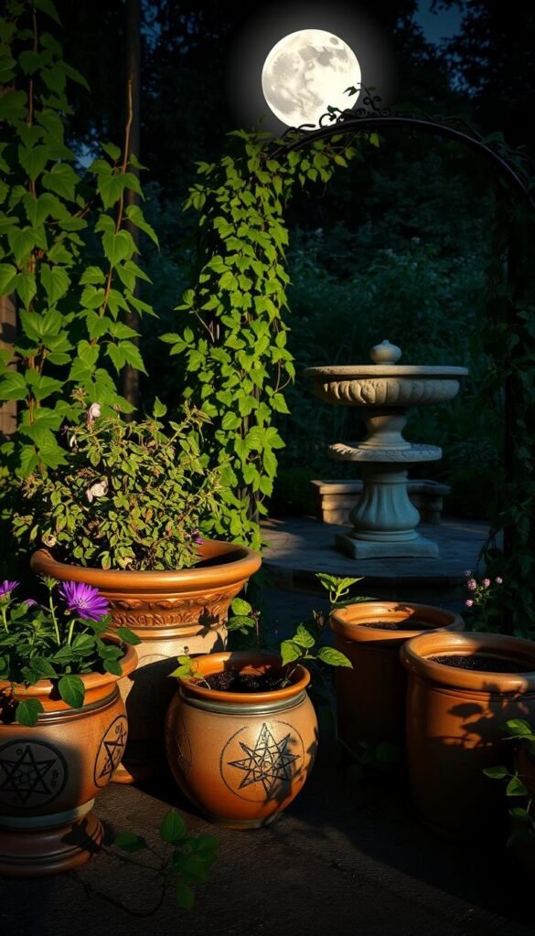 Enchanting witch garden containers adorn a lush, moonlit oasis. In the foreground, ornate ceramic pots overflow with fragrant herbs and blooming nightshade. Shadows dance across weathered wood planters, their surfaces etched with arcane symbols. In the middle ground, a wrought-iron trellis supports trailing vines, casting an intricate web of shadows. Beyond, a stone birdbath reflects the silvery glow of the full moon, its surface rippling with mystical energy. The scene exudes an atmosphere of ancient magic, where the boundaries between the natural and supernatural world blur.