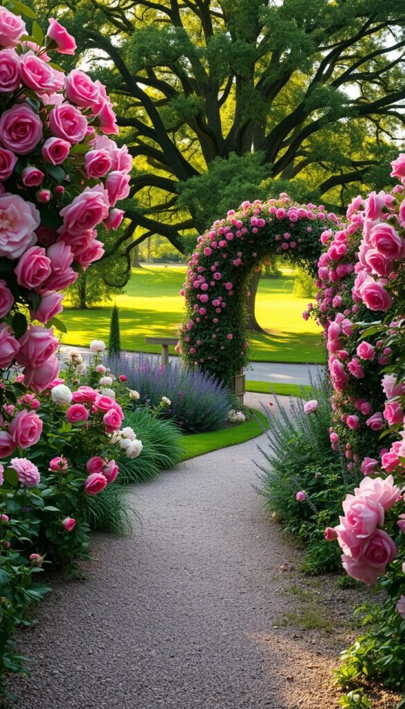 English Garden Aesthetic: Classic Perennials, Roses, and Meandering Pathways