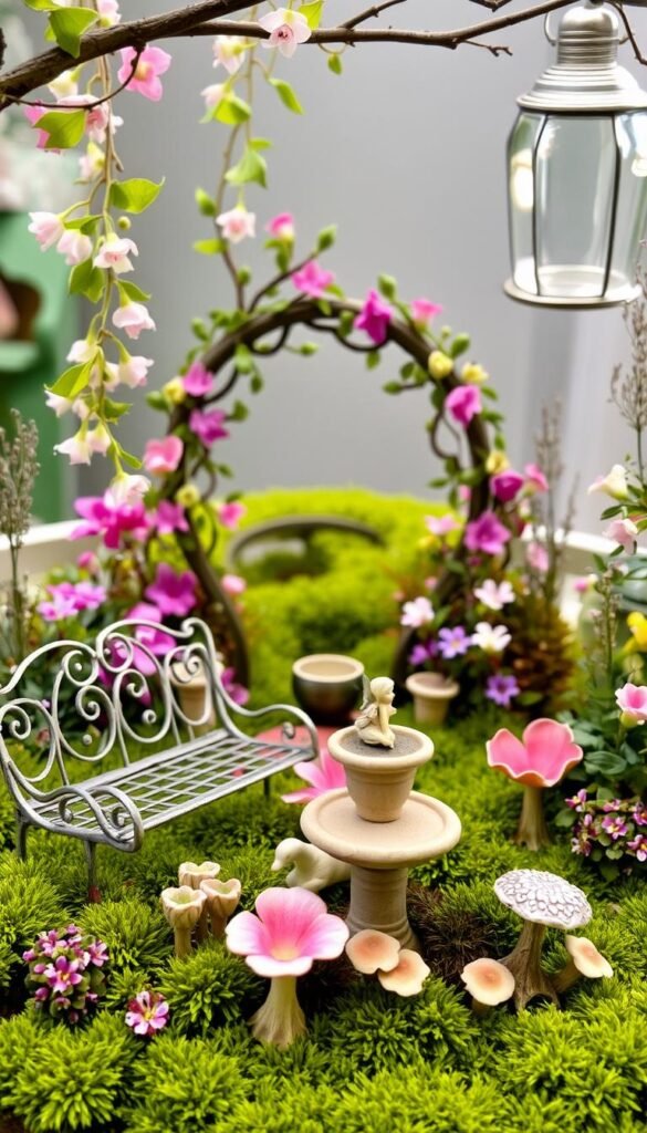 Fairy garden accessories on a lush, verdant tabletop. In the foreground, a miniature wrought-iron bench, delicate flower pots, and a birdbath with a perched fairy figurine. Surrounding them, a mix of soft mosses, tiny mushrooms, and enchanting flora in vibrant greens, pinks, and purples. In the middle ground, a whimsical archway dripping with trailing vines and fragrant blooms. The background showcases a shimmering glass lantern, hanging from a branch, casting a warm, ambient glow. The overall scene evokes a sense of enchantment, wonder, and a touch of magical realism, perfect for a charming fairy garden display.