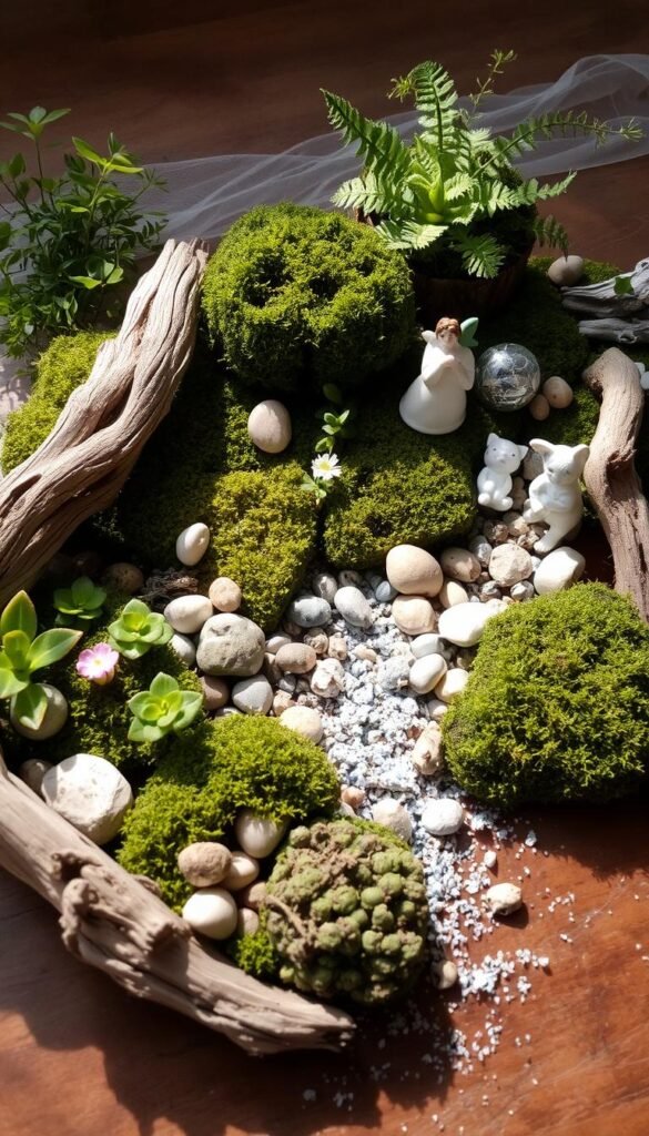 Fairy garden setup materials: an assortment of miniature plants, moss, small stones, delicate flowers, and whimsical trinkets arranged on a wooden tabletop. Soft, filtered lighting illuminates the scene, casting gentle shadows and creating an enchanting ambiance. Carefully positioned driftwood, ceramic figurines, and a sprinkle of glitter add depth and texture, evoking a sense of enchantment and wonder. The overall composition conveys a harmonious blend of natural elements and magical accents, inviting the viewer to imagine the enchanting fairy garden that could be crafted from these materials.