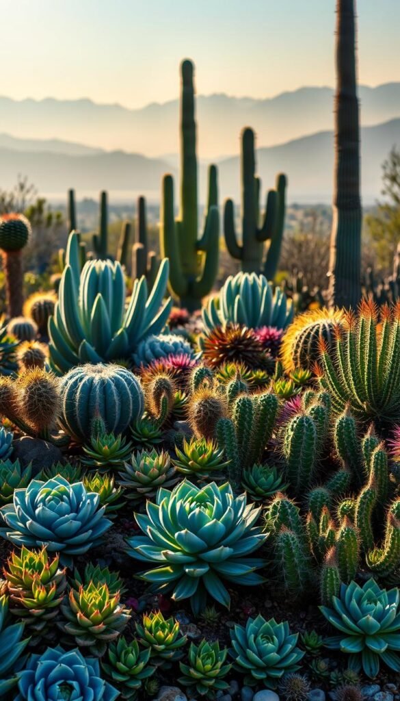 High-resolution image of a lush, drought-resistant garden bed featuring a variety of vibrant, textured succulents and cacti. The foreground showcases an array of rosette-shaped echeveria, spherical barrel cacti, and spiky agave plants in shades of blue, green, and purple. The middle ground features larger columnar cacti and yuccas casting dramatic shadows. The background depicts a hazy, desert-inspired landscape with distant mountains under a warm, golden-hour lighting. Crisp, detailed focus throughout, with a sense of depth and natural harmony.