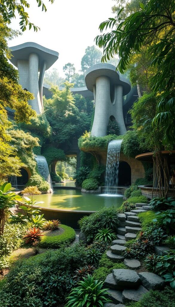 Innovative landscape architecture in an enchanting, dreamlike setting. A lush, verdant oasis with striking architectural elements that seamlessly blend with the natural environment. Towering, sculptural water features cascading through a serene pond, surrounded by vibrant, diverse flora. Meandering pathways leading to hidden alcoves, inviting exploration. Dappled sunlight filters through the canopy, casting a warm, ethereal glow. Carefully curated textures and materials complement the organic beauty. This harmonious fusion of built and natural forms creates a captivating, immersive experience.