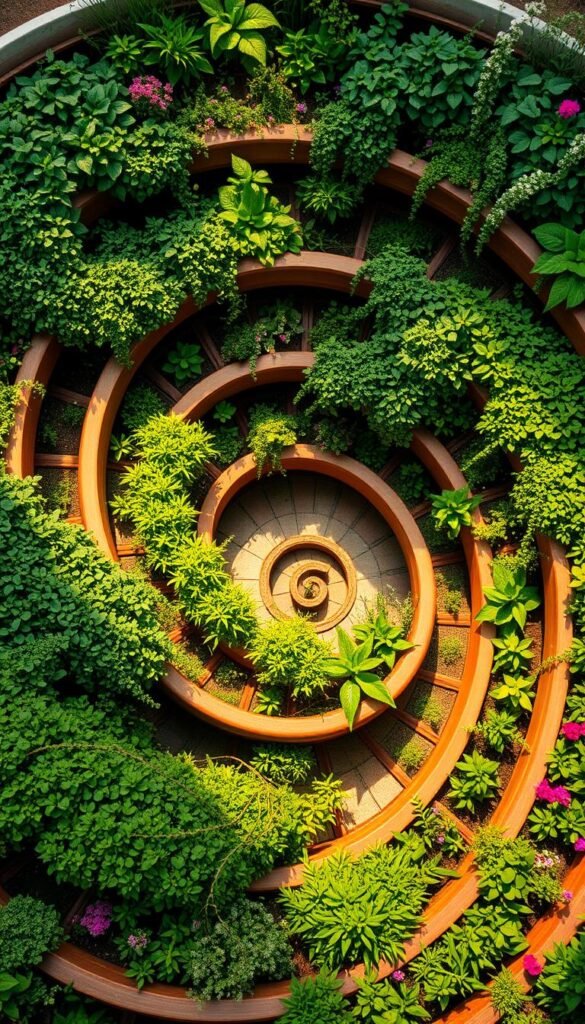Intricate square foot spiral tiered gardens, each level a lush oasis of vibrant greenery. Cascading tiers of raised planter beds, sculpted in a mesmerizing swirling pattern, basking in warm, diffused natural lighting. Trailing vines and flowers spill over the edges, creating a sense of abundant, controlled chaos. The composition features a dynamic, bird's-eye perspective, emphasizing the striking geometry and symmetry of the design. A tranquil, contemplative atmosphere pervades the scene, inviting the viewer to imagine themselves tending to this serene, compact urban sanctuary.