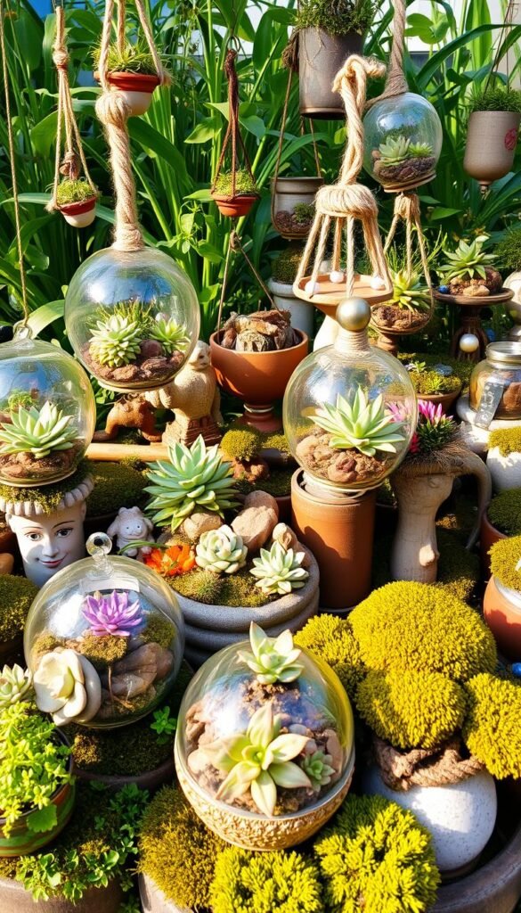 Intricate terrariums, hanging planters, and upcycled containers nestled among lush greenery. A vibrant and whimsical garden scene, with an eclectic mix of textures, shapes, and sizes. Soft, natural lighting illuminates the display, casting warm shadows and highlights. Careful arrangement of succulents, ferns, and moss creates a harmonious, living tableau. The overall atmosphere is one of creativity, sustainability, and a celebration of the beauty of nature.