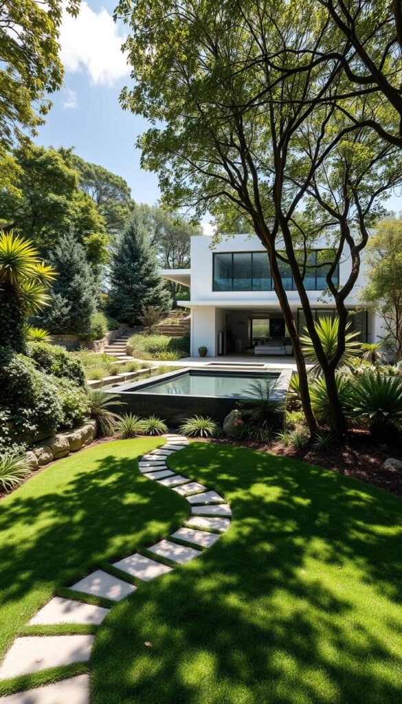 Landscape integration with modern structures: A serene garden oasis embraces a sleek, contemporary home, blending the boundaries between nature and architecture. Lush foliage cascades down terraced walls, softening the geometric lines of the building. Sunlight filters through a canopy of trees, casting dappled shadows on the minimalist facade. A reflection pool mirrors the structure, creating a harmonious visual balance. In the foreground, a winding path leads through a manicured lawn, inviting exploration of this harmonious fusion of the natural and the man-made. The overall atmosphere evokes a sense of tranquility and mindful living, where the built environment seamlessly coexists with the surrounding landscape.