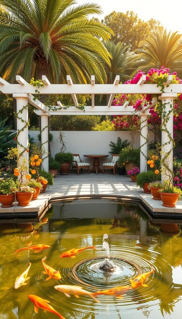 Lush Mediterranean garden with a serene water feature and a charming pergola design. In the foreground, a tranquil koi pond reflects the warm, golden sunlight. Surrounding the pond, a symmetrical arrangement of potted citrus trees and fragrant flowers creates a picturesque scene. In the middle ground, a whitewashed pergola with trailing vines and climbing roses offers a shaded retreat, inviting visitors to linger and enjoy the peaceful ambiance. The background features a verdant backdrop of towering palm trees and vibrant bougainvillea, evoking a warm, sun-kissed atmosphere. The entire composition is captured with a wide-angle lens, highlighting the harmonious integration of the water feature, the pergola, and the lush Mediterranean landscape.