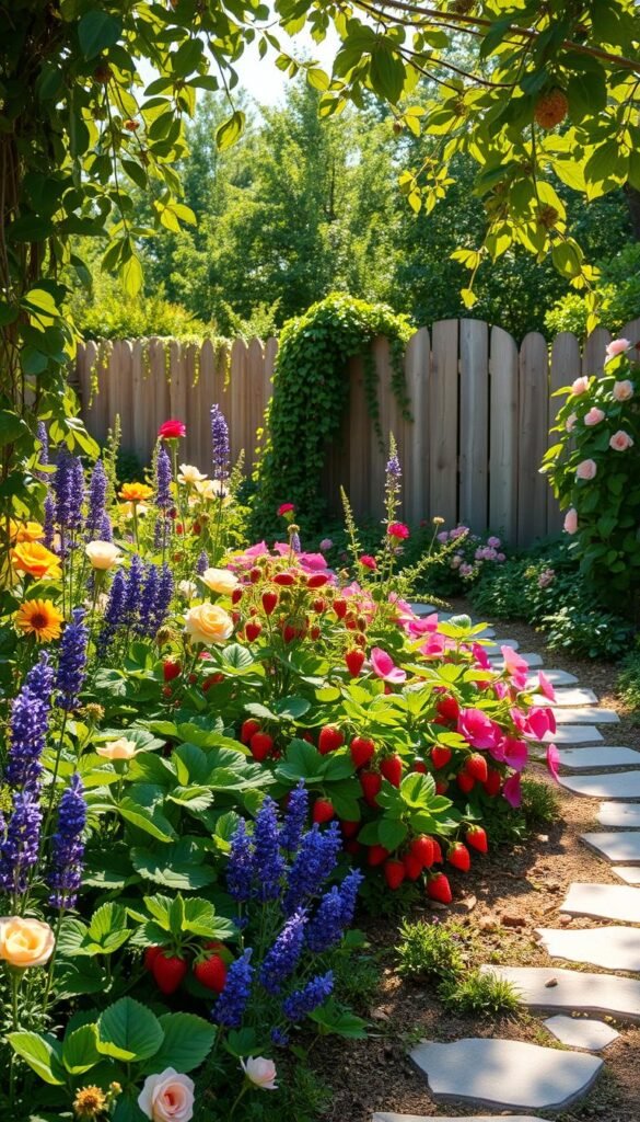Lush cottage garden bursting with vibrant strawberry plants, their plump red berries glistening in the warm afternoon sunlight. Colorful blooms of lavender, roses, and hollyhocks frame the scene, creating a charming, inviting atmosphere. Meandering stone path leads through the garden, inviting the viewer to explore. Dappled light filters through the overhead canopy of trailing vines and leafy trees, casting soft shadows over the serene landscape. A rustic wooden fence in the background adds to the cozy, pastoral feel. Overall, a harmonious blend of sweet berry notes and quaint, cottage-style design.