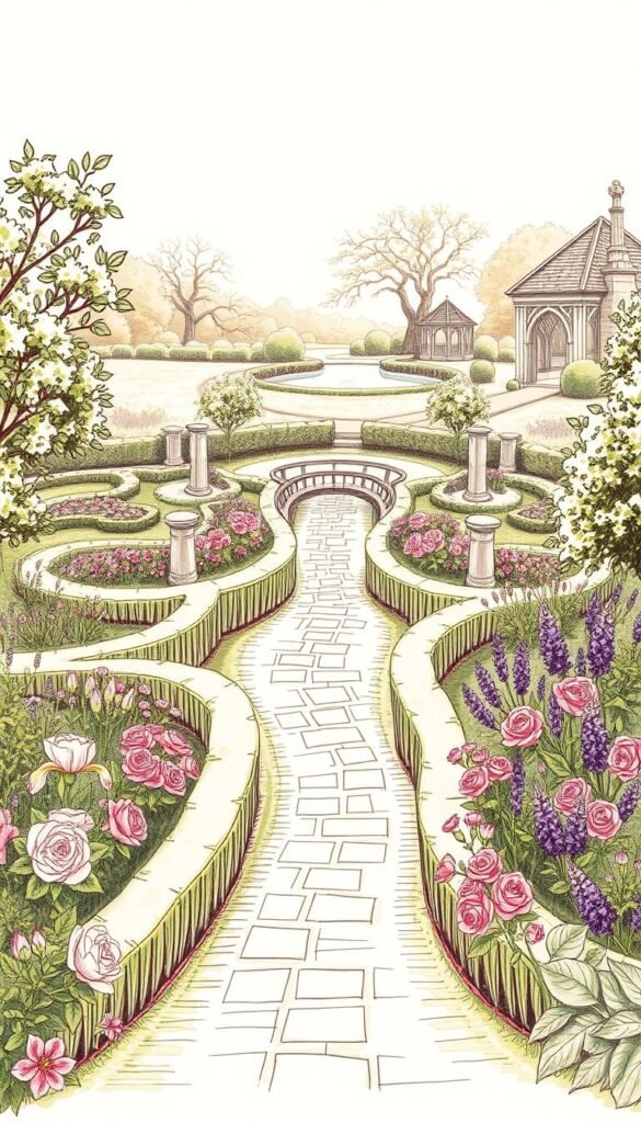 Lush, hand-drawn garden planning sketch depicting a classical English landscape. Detailed foreground showcases an intricate layout of curving paths, sculpted hedges, and nested flower beds featuring classic perennials like peonies, irises, and lavender. Middle ground features a romantic, meandering walkway flanked by flourishing rose bushes in full bloom. Subtle background elements include a tranquil pond with a quaint footbridge, and a distant gazebo framed by mature oak trees. Warm, soft lighting casts a golden, inviting glow over the entire scene, capturing the essence of an inviting, well-planned garden oasis.