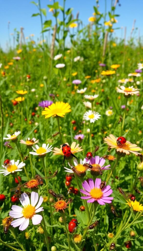 Lush meadow filled with vibrant, diverse insects engaged in pollination and predation. Foreground showcases a variety of beneficial bugs - ladybugs, lacewings, green lacewings, predatory mites - hunting pests like aphids, mites, and caterpillars. Mid-ground features flowering plants, blooming with nectar-rich blossoms, attracting a swarm of hoverflies, parasitic wasps, and other biological control agents. Background depicts a natural, sun-dappled landscape with verdant foliage and a clear, azure sky. Crisp, high-resolution photograph with a shallow depth of field, highlighting the intricate details and dynamic interactions of this thriving, pesticide-free ecosystem.