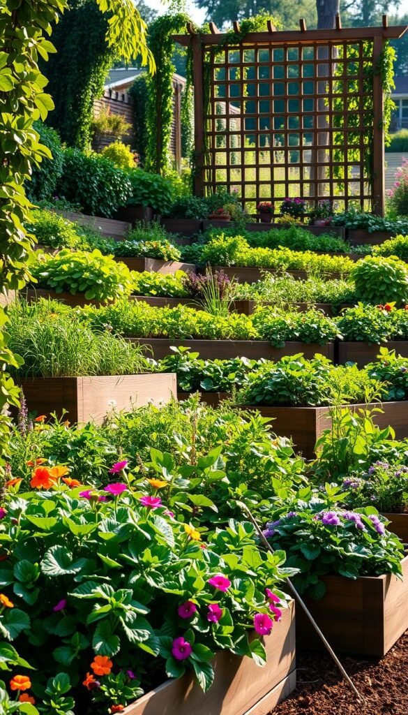 Lush, multi-tiered garden beds cascade down a gentle slope, surrounded by verdant foliage and a warm, golden light. In the foreground, dense rows of vibrant flowers and leafy vegetables nestle in raised planter boxes, their colors bursting forth. The middle ground features a series of stepped terraces, each one a canvas of diverse plantings - trailing vines, leafy greens, and fragrant herbs. In the background, a wooden trellis frames the scene, its intricate lattice casting delicate shadows. The overall atmosphere is one of tranquility and natural harmony, inviting the viewer to explore the layers of this bountiful, multilevel garden.