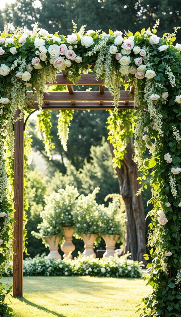 Lush, romantic garden wedding arbor design featuring cascading vines, delicate flowers, and elegant wrought-iron framework. Soft, diffused natural lighting creates a warm, intimate atmosphere. The arbor stands as the focal point, framing the ceremony and complementing the surrounding landscape. Intricate floral arrangements in pastel hues adorn the structure, adding a touch of enchantment. Rustic wooden beams provide structural support, blending seamlessly with the organic, nature-inspired aesthetic. Lush greenery spills over the sides, creating a sense of whimsy and timelessness. The overall design evokes a sense of ethereal beauty, perfectly suited for a picturesque garden wedding.
