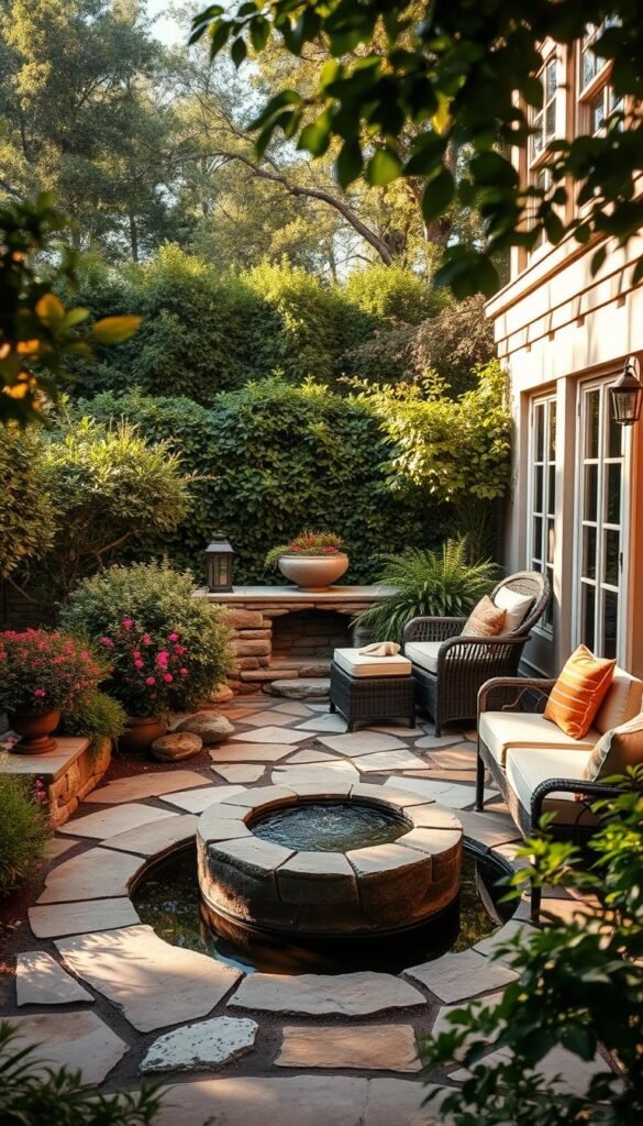 Lush, tranquil private garden retreat with a serene water feature, stone patio, and an inviting seating area surrounded by well-manicured shrubbery and flowering plants. Warm, natural lighting bathes the space, casting gentle shadows and creating a cozy, intimate ambiance. The overall composition emphasizes a harmonious blend of natural elements, effortlessly blending the indoor and outdoor living spaces. A sense of privacy and personal retreat is evoked, inviting the viewer to imagine themselves relaxing in this idyllic, secluded oasis.