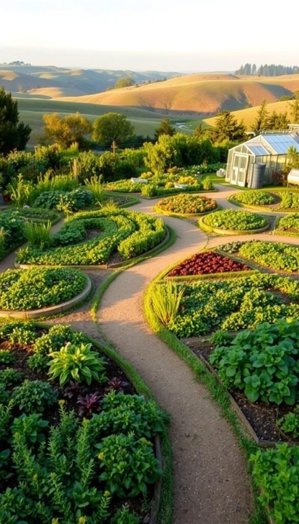 Lush, verdant garden layout with a harmonious blend of vegetable beds, herb spirals, and colorful companion plantings. Winding pathways guide the viewer through the productive, low-maintenance design. Gentle rolling hills in the background, with a picturesque greenhouse and composting station. Warm, soft lighting illuminates the scene, casting long shadows and creating a sense of tranquility. The layout is optimized for water conservation, companion planting, and efficient use of space - a true embodiment of permaculture principles.