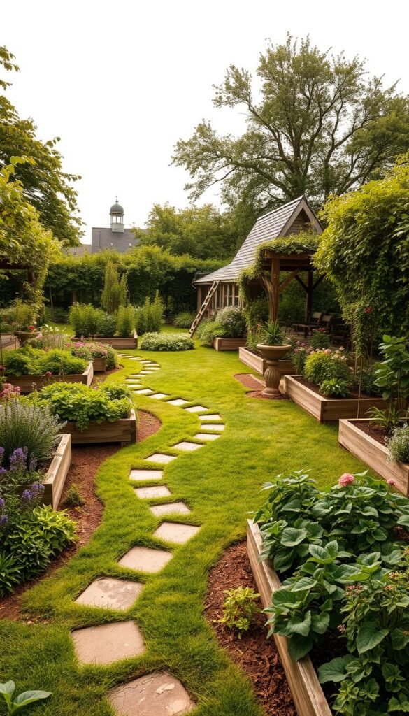 Lush, verdant garden layouts featuring winding paths, raised garden beds, and a balanced mix of flowering plants and vegetable crops. A harmonious composition with natural textures and earthy tones, illuminated by warm, diffused sunlight and a softly overcast sky. Clean lines and functional design elements seamlessly integrate aesthetics and practicality, creating an inviting, yet highly productive outdoor space. The layout showcases efficient use of space, thoughtful zoning, and clever design choices that cater to both ornamental and edible gardening needs. An image that inspires innovative, multifunctional garden design solutions.