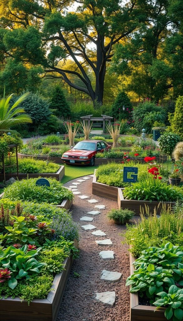 Lush, verdant garden layouts with innovative design elements. A breathtaking foreground featuring intricate raised garden beds overflowing with vibrant vegetables and aromatic herbs, complemented by meandering pathways and whimsical trellises. In the middle ground, a harmonious blend of florals, ornamental grasses, and carefully placed sculptural elements create a visually captivating display. The background showcases a serene backdrop of mature trees, their canopies filtering warm, golden sunlight that gently illuminates the scene. The overall composition exudes a sense of natural harmony, inspiring viewers to rethink traditional garden design and embrace a more artistic, holistic approach to cultivating beauty and bounty.