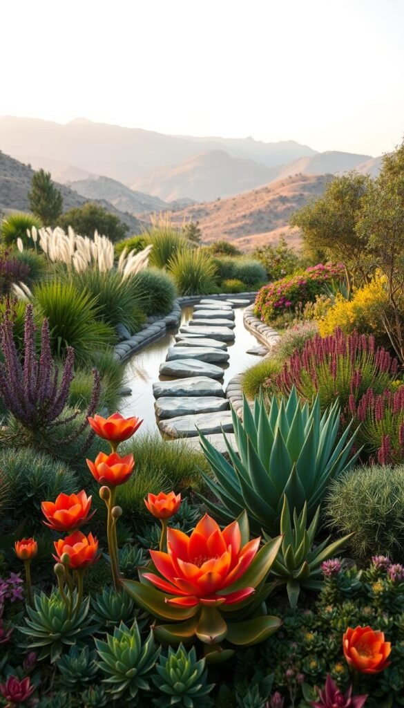 Lush, verdant garden showcasing diverse climate-adapted succulents and native plants. Foreground features vibrant rosettes, spiky agaves, and trailing sedums arranged in artistic composition. Middle ground depicts a serene water feature with stepping stones, surrounded by tall grasses and flowering shrubs. Background landscapes rolling hills, towering mountains, and a warm, hazy sky. Soft, diffused lighting illuminates the scene, creating a sense of harmony and balance. Elegant, natural aesthetic evokes a peaceful, sustainable oasis. Cinematic 50mm perspective with shallow depth of field. Conveys an atmosphere of environmental stewardship and resilient, drought-tolerant design.
