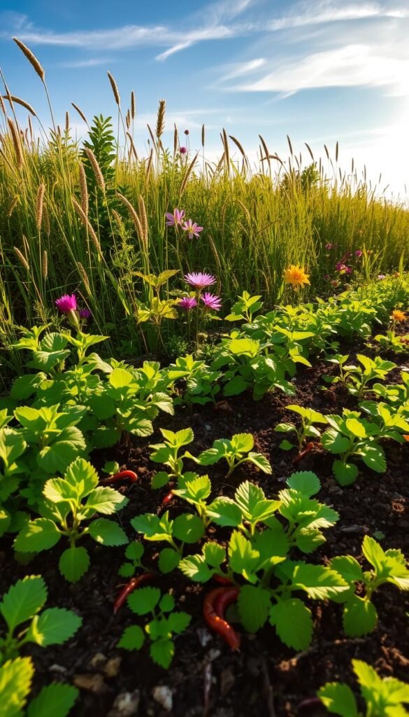 Lush, verdant landscape bathed in warm, golden sunlight. In the foreground, a thriving garden bed bursting with vibrant, healthy plants. Rich, dark soil teems with earthworms and organic matter, nourishing the roots. Surrounding the garden, a diverse array of native wildflowers and grasses sway gently in a light breeze. Overhead, a clear blue sky with wispy clouds. The scene evokes a sense of abundance, fertility, and the harmonious integration of natural elements. Crisp, high-resolution photo taken with a wide-angle lens to capture the full scope of this bountiful, organic tableau.