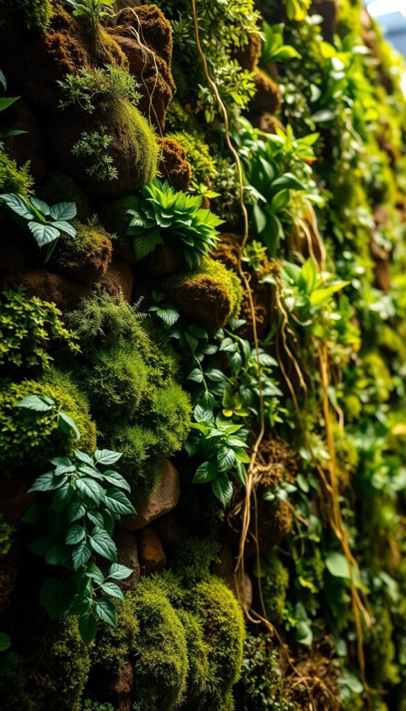 Lush, verdant living wall materials in a natural, earthy composition. Layers of diverse foliage, vibrant greens, and textural details like mosses, ferns, and trailing vines. Backlit by warm, soft lighting that accentuates the organic, three-dimensional quality. Crisp, high-resolution close-up view captured with a wide-angle lens to showcase the varied materials and verdant, living facade. Conveys a sense of serene, biophilic harmony and the integration of nature into architectural design.