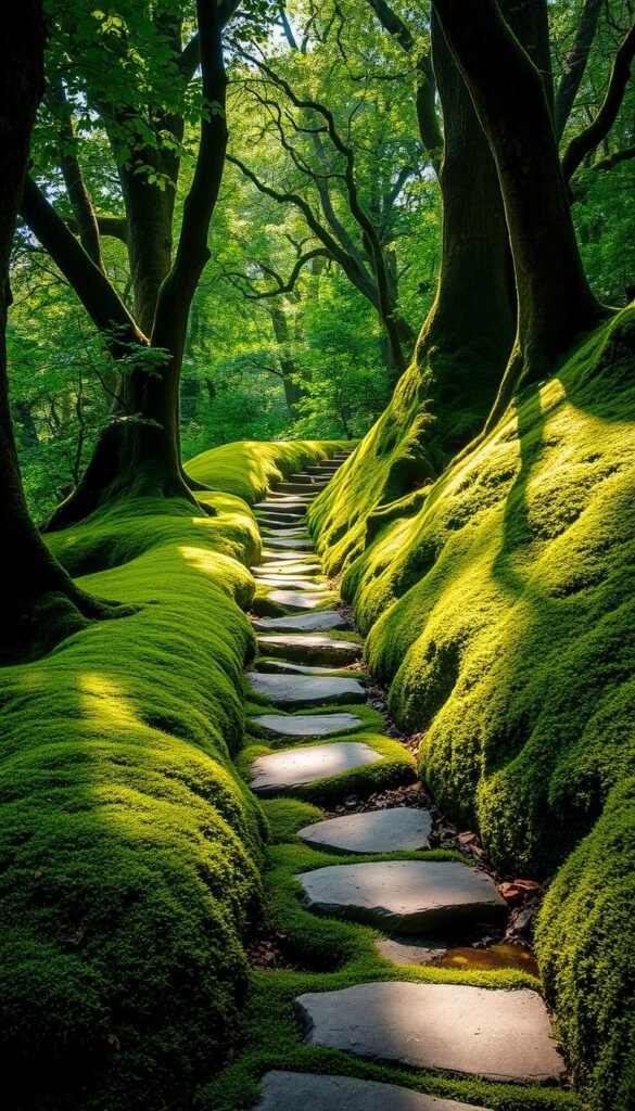 Lush, verdant moss-covered pathway winding through a serene, enchanted forest. Dappled sunlight filters through the canopy of ancient trees, casting a warm, ethereal glow onto the finely textured moss. Smooth, weathered stones line the path, guiding the way deeper into this tranquil, hidden realm. The air is filled with the earthy, rejuvenating scent of rich soil and thriving vegetation. A sense of timelessness and natural harmony pervades the scene, inviting the viewer to slow down, pause, and immerse themselves in the restorative beauty of this enchanted garden oasis.