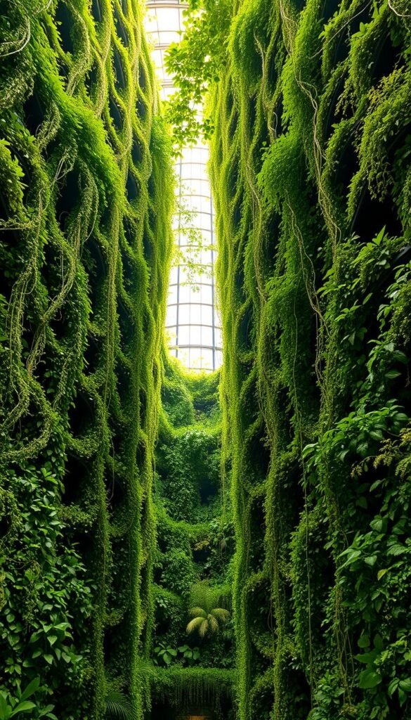 Lush, verdant vertical garden walls, bursting with a symphony of vibrant foliage. A striking architectural feature, the towering green expanse cascades from overhead, casting a tranquil, natural ambiance. Intricate arrangements of cascading vines, trailing plants, and verdant mosses create a captivating three-dimensional tapestry. Warm, diffused sunlight filters through the leafy canopy, illuminating the verdant palette. A serene, biophilic oasis nestled within an urban landscape, offering a refreshing respite and a celebration of the power of nature in small spaces.