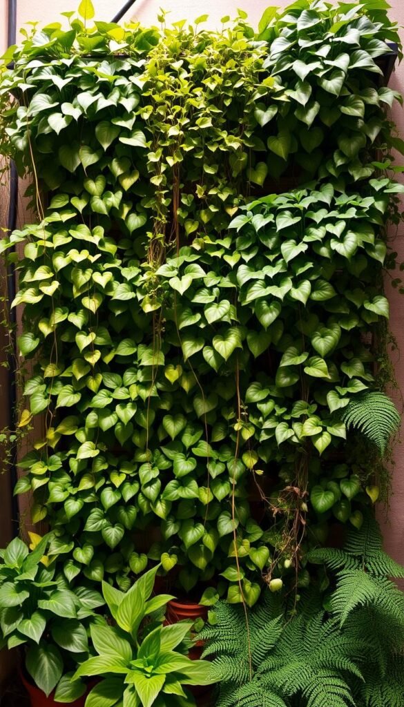 Lush vertical garden with cascading foliage, featuring a variety of trailing and climbing plants such as ivy, philodendrons, pothos, and ferns. The plants are arranged in an organic, asymmetrical layout, creating a sense of natural abundance. Warm, soft lighting illuminates the scene, casting gentle shadows and highlighting the rich textures of the leaves. The composition emphasizes the vertical dimension, drawing the eye upwards to showcase the clever use of limited space. The overall mood is one of tranquility and harmony, inviting the viewer to imagine the calming presence of this verdant oasis in a small urban garden.