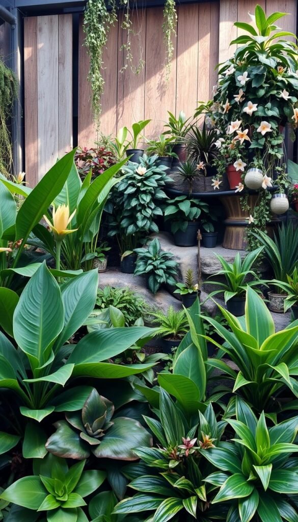 Lush, vibrant botanical displays featuring a diverse array of rare and exotic plant species, artfully arranged in a harmonious composition. The foreground showcases a striking array of tropical foliage, with large leafy plants in a variety of shapes, textures, and shades of green. The middle ground features a mix of smaller potted plants, cascading vines, and delicate flowers in soft pastel hues. The background is a blend of natural elements, such as weathered wood, stone, and serene natural lighting, creating a sense of tranquility and balance. The overall aesthetic is one of thoughtful curation, where each element complements the others, resulting in a visually captivating and immersive botanical display.