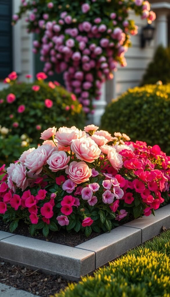 Lush, vibrant flower bed adorning a charming curb appeal. Colorful blooms of pink peonies, delicate roses, and cascading petunias arranged in a visually captivating layout. The flowerbed is framed by a neat, well-manicured border, creating a sense of order and elegance. Soft, warm lighting from the afternoon sun bathes the scene, highlighting the flowers' natural beauty. The image exudes a romantic, inviting atmosphere, drawing the viewer in to explore this enchanting outdoor display.