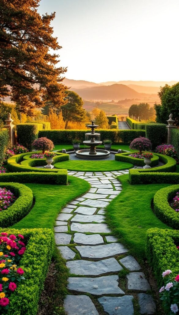 Lush, vibrant garden design with a harmonious layout, featuring a well-manicured lawn, neatly trimmed hedges, and an array of colorful flowers in the foreground. A winding stone path leads the eye through the center, inviting exploration. In the middle ground, an ornate water feature gently cascades, surrounded by strategically placed potted plants and garden sculptures. The background showcases a picturesque landscape, with rolling hills, mature trees, and a warm, golden-hour lighting that casts a serene ambiance. The overall composition strikes a balance between formal structure and natural beauty, creating an inviting and visually captivating garden scene.