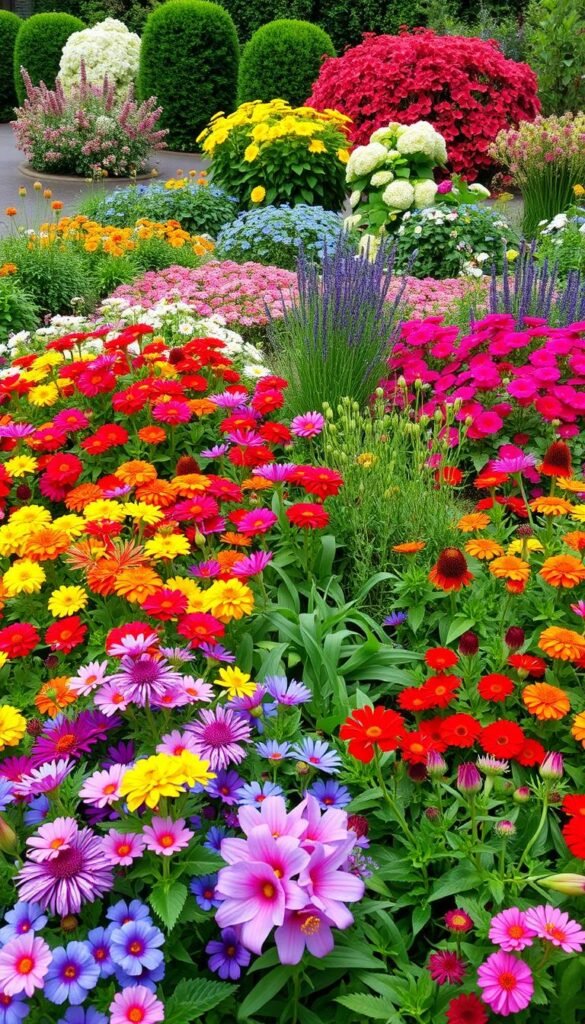 Lush, vibrant garden layout featuring a diverse arrangement of annuals, perennials, and shrubs. A meticulously planned design with a harmonious color palette and thoughtful plant placement. In the foreground, a variety of flowering annuals like zinnias, marigolds, and petunias create a bold, eye-catching display. In the middle ground, perennials such as daylilies, coneflowers, and lavender add depth and texture. The background features strategically placed shrubs like hydrangeas and azaleas, providing structure and height. The scene is illuminated by soft, natural lighting, captured with a wide-angle lens to showcase the overall layout and garden design. The resulting image conveys a sense of balance, tranquility, and inspiration for easy, yet visually striking flower garden plans.