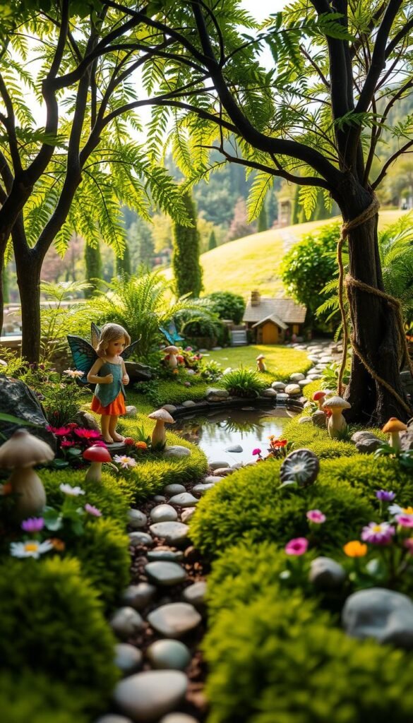 Miniature garden layout, a whimsical fairy scene set in a lush, verdant backyard. In the foreground, a winding path leads through a delicate array of vibrant flowers, tiny mushrooms, and enchanting fairy statues. Pebbles and mossy stones dot the landscape, creating a sense of depth and texture. In the middle ground, a miniature pond with a babbling stream reflects the dappled sunlight filtering through the canopy of surrounding trees. Towering ferns and delicate vines frame the idyllic setting, creating an atmosphere of enchantment and wonder. The background features a gently sloping hill dotted with more lush greenery and a faint glimpse of a quaint cottage in the distance, completing the picturesque fairy garden scene. Soft, warm lighting infuses the tableau with a magical, whimsical ambiance.