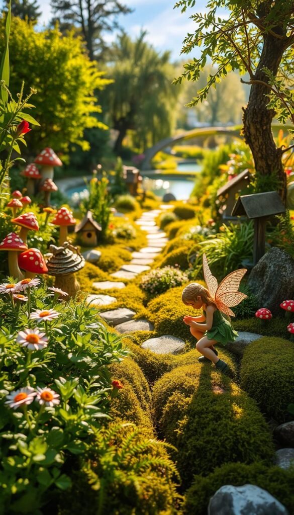 Outdoor fairy garden maintenance: A lush, verdant scene bathed in soft, golden afternoon light. In the foreground, a fairy tending to vibrant flowers and delicate ferns, her gossamer wings fluttering as she prunes and waters the enchanted plants. The middle ground reveals a path winding through whimsical mushroom houses and miniature trees, while the background showcases a tranquil pond reflecting the azure sky. Moss-covered stones, weathered birdhouses, and glimmering fairy dust create an atmosphere of enchantment and timeless serenity, inviting the viewer to discover the secrets of this well-cared-for fairy oasis.