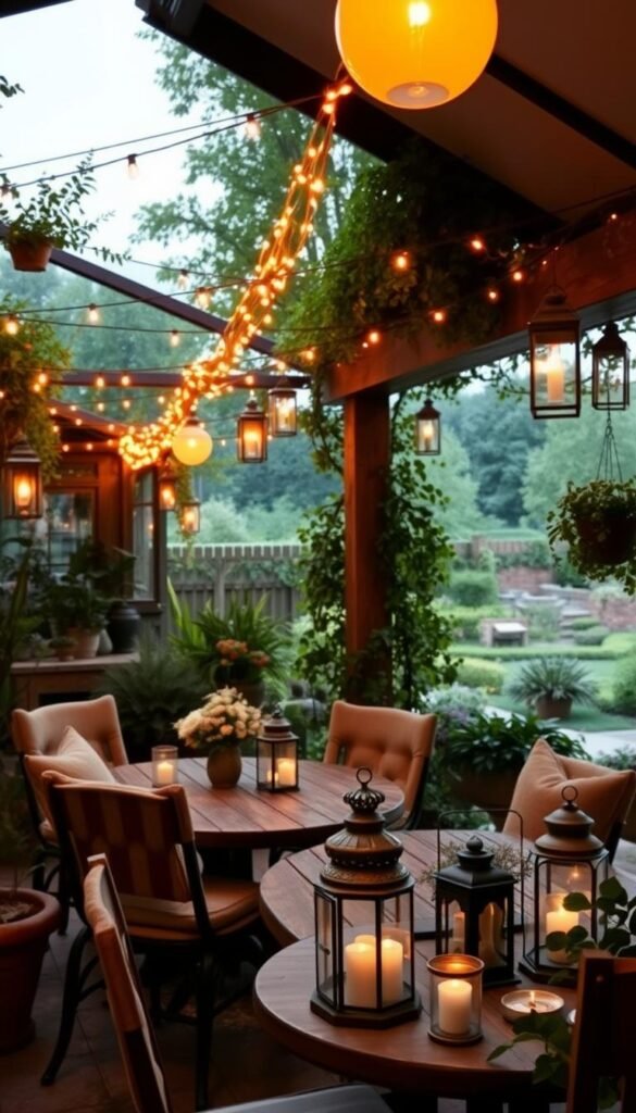 Patio dining area with a cozy, intimate ambiance. Warm-toned fairy lights strung overhead, casting a soft, magical glow across the space. Weathered wooden table and chairs, complemented by plush cushions in earthy tones. Potted plants and greenery lining the perimeter, creating a lush, natural backdrop. A mix of lanterns - some hanging, others placed strategically on the table - their flickering flames adding to the inviting atmosphere. The scene is framed by a picturesque view of a well-tended garden, hinting at the tranquility beyond. The overall effect is one of relaxation and enchantment, perfect for an evening of alfresco dining and conversation.