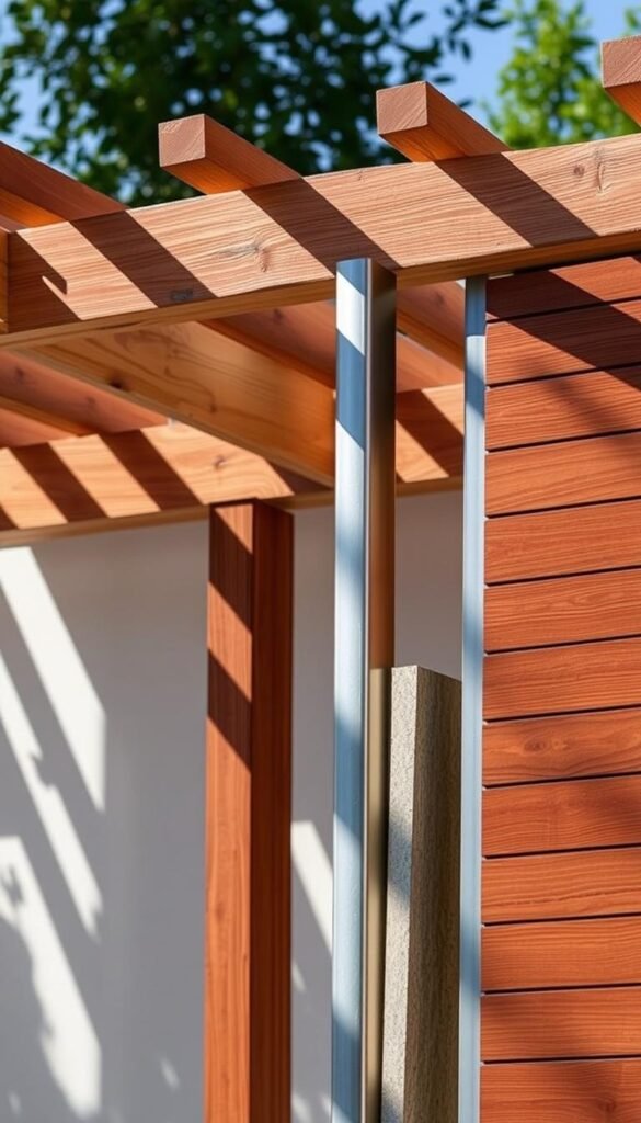 Pergola materials comparison: a detailed still life showcasing an array of construction materials - solid wood beams, sleek aluminum columns, and weather-resistant composite panels. Captured in natural daylight with soft shadows, the scene presents the textures, grains, and finishes of each option side-by-side, inviting the viewer to closely examine and compare. The arrangement is elegant and minimalist, allowing the individual materials to be the focal point. An informative and visually compelling reference to support the article's exploration of garden pergola design and construction.