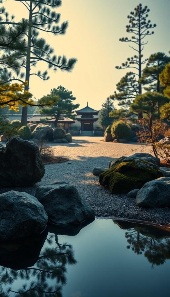 Prompt A serene Zen garden landscape set in the tranquil morning light. In the foreground, a carefully arranged composition of weathered rocks, moss-covered boulders, and a shallow pool reflecting the natural surroundings. The middle ground features a winding path of neatly raked gravel, leading the viewer's gaze towards a distant pagoda or temple structure, framed by lush foliage and the silhouettes of ancient pine trees. The scene evokes a sense of timeless contemplation, balance, and harmony, embodying the philosophical principles that have shaped the evolution of Japanese garden design over centuries.