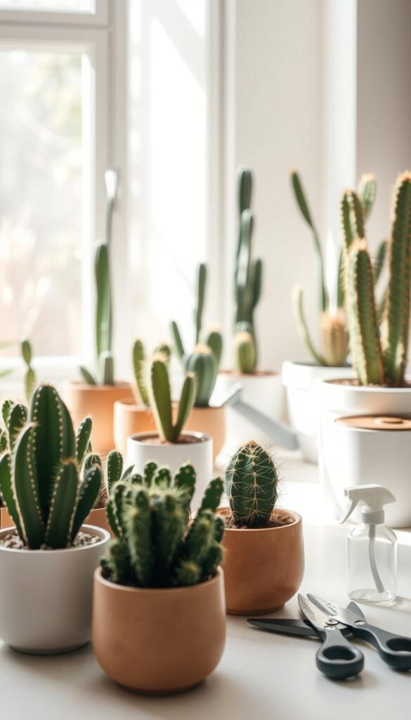 Prompt A well-lit, airy indoor scene showcasing the essential tools and accessories for thriving indoor cactus care. In the foreground, a variety of healthy cactus plants in modern ceramic pots, arranged thoughtfully. In the middle ground, an array of pruning shears, a small watering can, and a spray bottle for misting. The background features a bright, neutral-toned wall, with a large window flooding the space with natural light. The overall atmosphere is tranquil and minimalist, highlighting the simplicity of maintaining a thriving indoor cactus oasis.