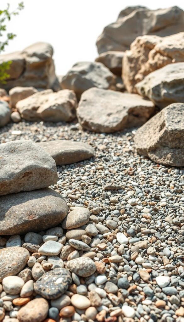 Rocks and materials selection for gardens: A serene, earthy composition showcasing an assortment of natural stones, pebbles, and textured materials. In the foreground, an arrangement of smooth river rocks, quartz, and weathered limestone create a visually striking display. The middle ground features a mix of smaller pebbles, gravel, and crushed shell fragments, evoking the feel of a carefully curated Japanese rock garden. In the background, larger boulders and slabs of slate rise up, casting dramatic shadows and adding depth to the scene. Soft, natural lighting illuminates the scene, emphasizing the organic shapes and varied hues of the materials. The overall atmosphere exudes a sense of tranquility and effortless elegance, perfectly suited for a lush, textured garden landscape.