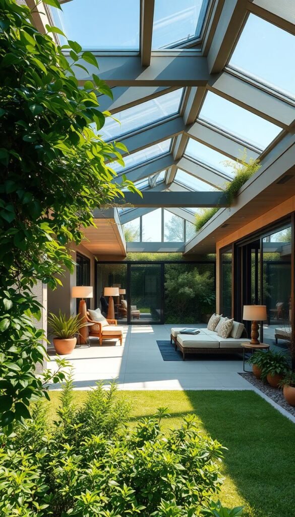 Seamless indoor-outdoor transitions with lush greenery and natural light. A sunlit patio blends effortlessly into a well-manicured garden, creating a harmonious flow between the built and natural environments. Verdant foliage frames the scene, while large windows and sliding glass doors allow the outdoors to be fully integrated into the interior. Soft, diffused lighting from skylights and strategically placed lamps casts a warm, inviting glow. Smooth stone flooring and earthy tones throughout tie the spaces together for a cohesive, organic aesthetic. A visually striking yet tranquil oasis where the boundaries between indoors and outdoors are beautifully blurred.