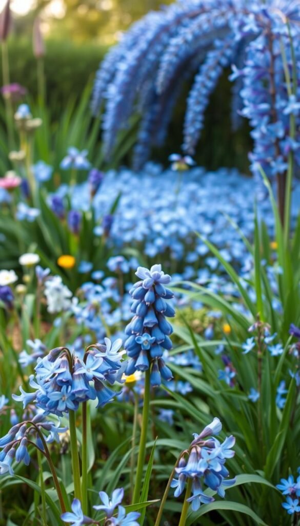Seasonal blue blooms schedule: a lush, serene garden showcasing the graceful transition of cool-hued flowers through the seasons. In the foreground, delicate early spring blooms like grape hyacinths and Siberian squill dot the landscape, their petals glistening under soft, diffused natural light. The middle ground features a vibrant display of mid-spring irises and forget-me-nots, their hues deepening as summer approaches. In the background, a cascade of late summer blossoms like blue agapanthus and perennial bachelor's buttons sway gently, creating a calming, contemplative atmosphere. The overall composition conveys a sense of harmony and seasonal flow, inviting the viewer to experience the meditative beauty of a blue-themed garden.