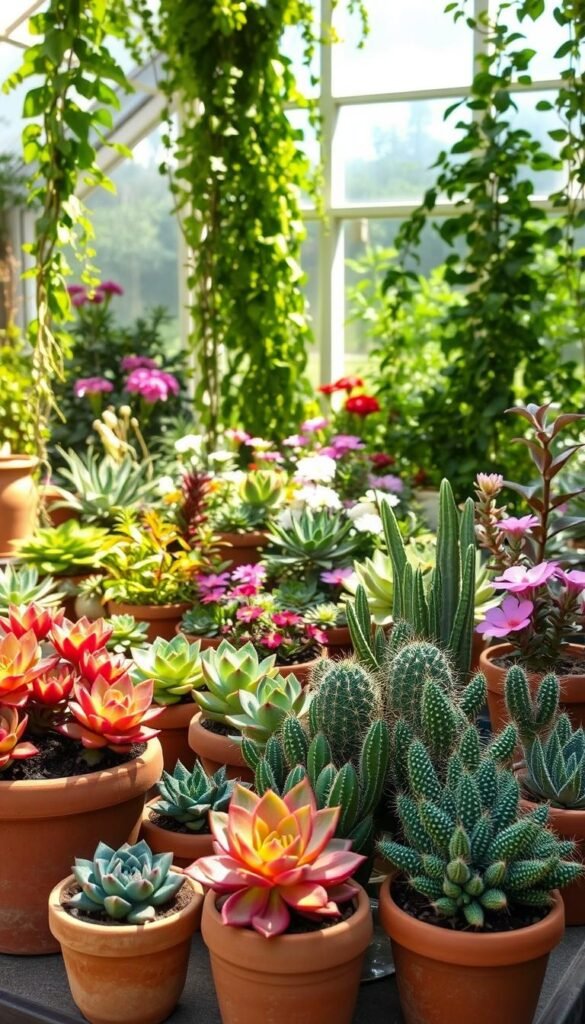 Seasonal garden planning: a lush, well-designed dish garden in a sun-dappled greenhouse. In the foreground, various succulents and cacti in vibrant hues sit in hand-crafted terracotta pots. The middle ground features a mix of flowering plants, their petals softly illuminated by the warm, natural lighting filtering through the greenhouse's glass panels. In the background, verdant foliage and trailing vines create a sense of depth and abundant growth. The overall scene conveys a harmonious balance of colors, textures, and carefully curated plant arrangements, inspiring a feeling of tranquility and seasonal joy.